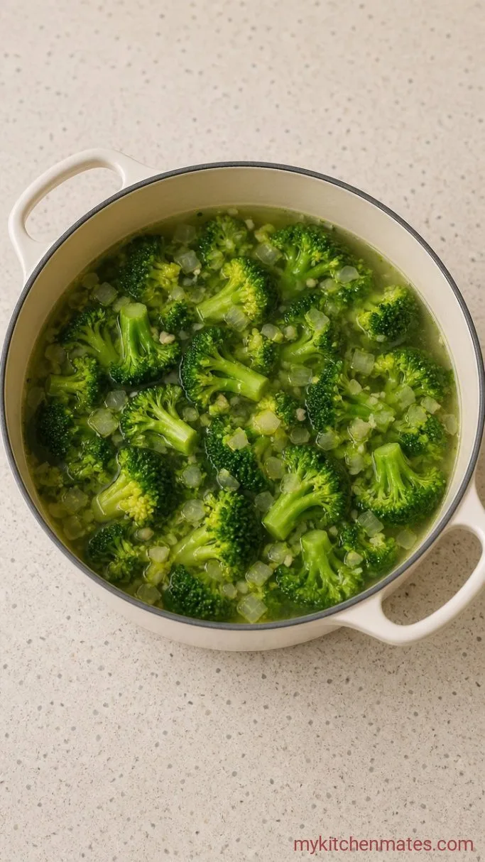 30-Minute High Protein Broccoli Cheddar Soup Step 2: Simmer the Broccoli