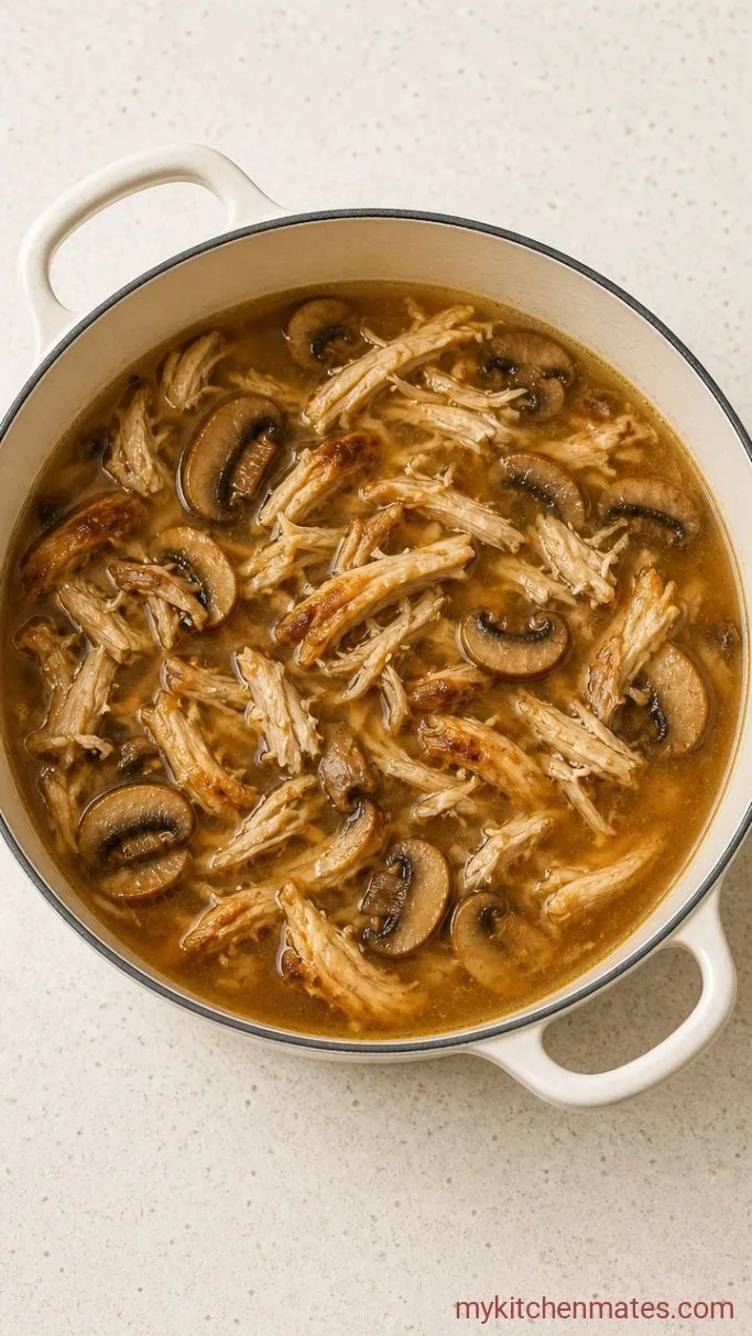 Quick Rotisserie Chicken Mushroom Soup Step 2: Simmer the Broth