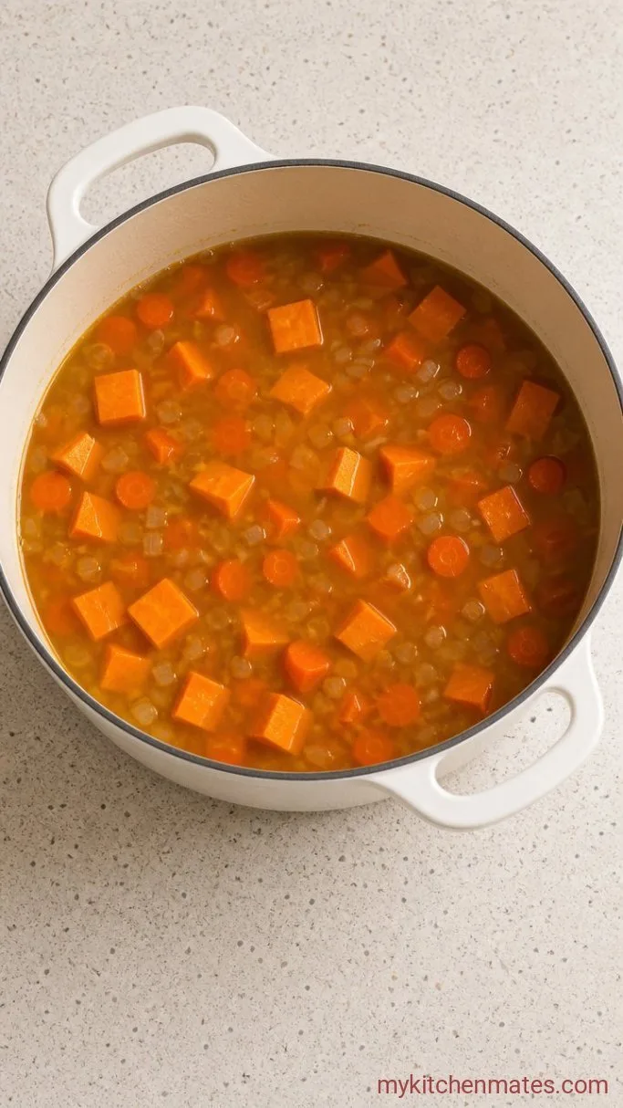 30-Minute Creamy Sweet Potato Carrot Soup Step 2: Simmer the Soup