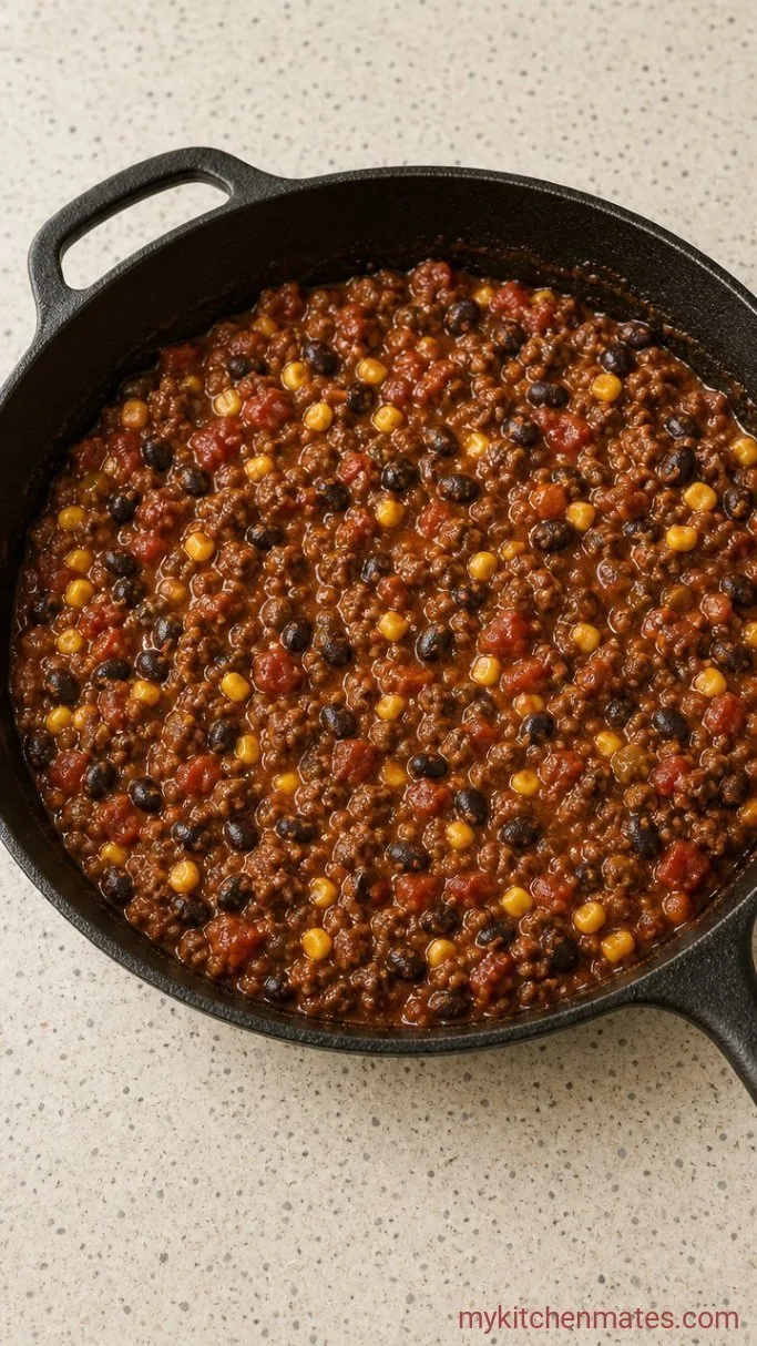 30-Minute Walking Taco Casserole Step 2: Simmer the Taco Filling