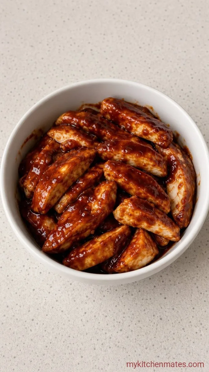 20-Minute BBQ Ranch Chicken Salad Step 2: Slice and Coat with BBQ Sauce