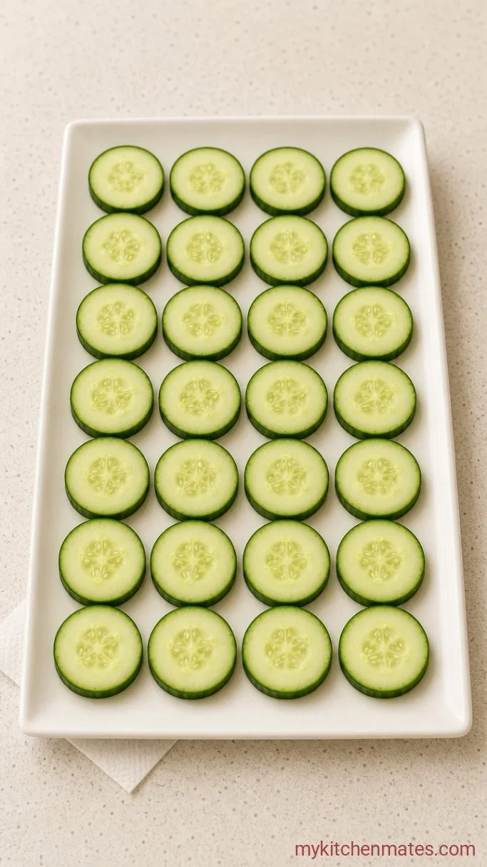 Quick Cucumber Salmon Bites Step 2: Slice and Pat the Cucumbers