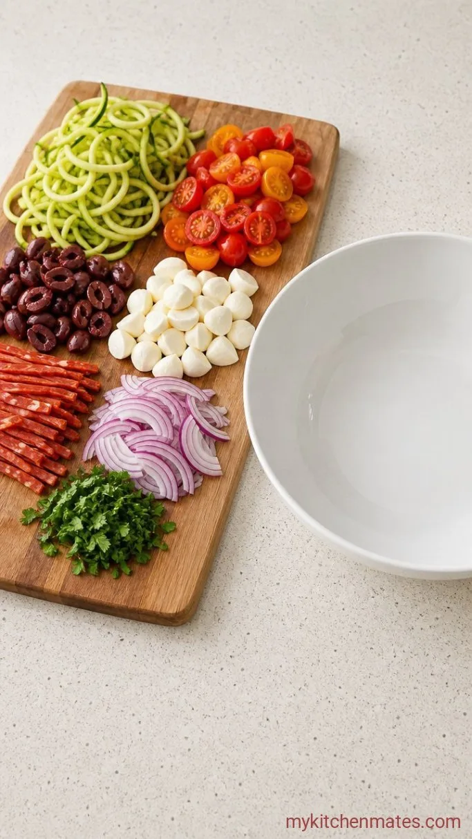 Zesty Pastaless Pasta Salad with Zucchini Noodles Step 2: Spiralize and Chop