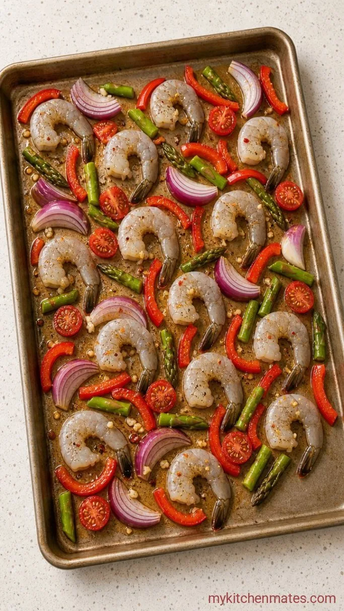 20-Minute Sheet Pan Shrimp with Lemon and Garlic Step 2: Spread Everything Into an Even Layer