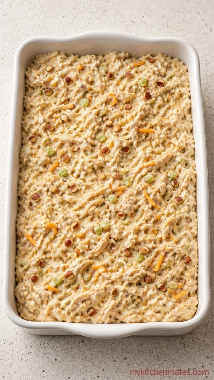 Baked Hot Chicken Salad with Crunchy Potato Chip Topping Step 2: Spread into the Dish