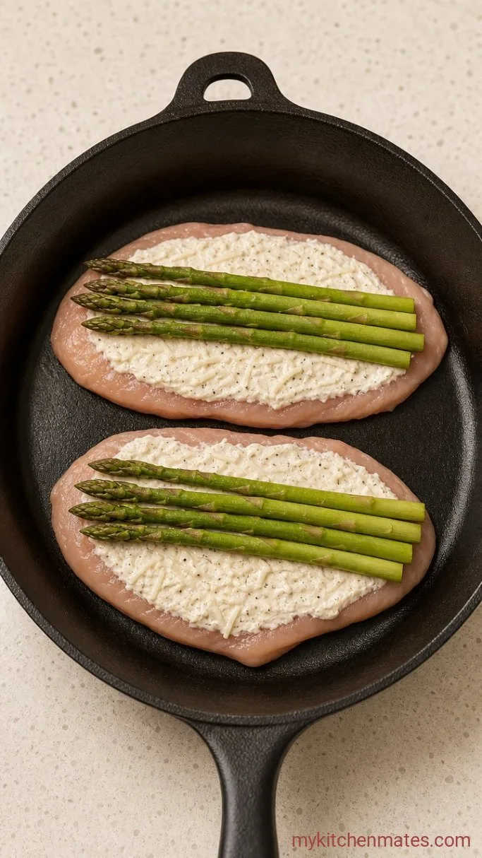 Cheesy Baked Asparagus Stuffed Chicken Breast Step 2: Spread the Filling and Add Asparagus