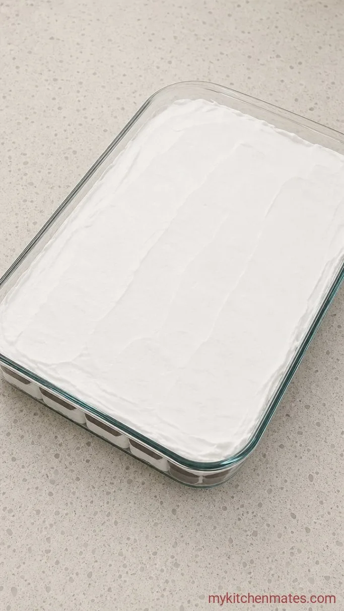 No-Bake 5-Ingredient Ice Cream Sandwich Cake Step 2: Spread the Whipped Topping