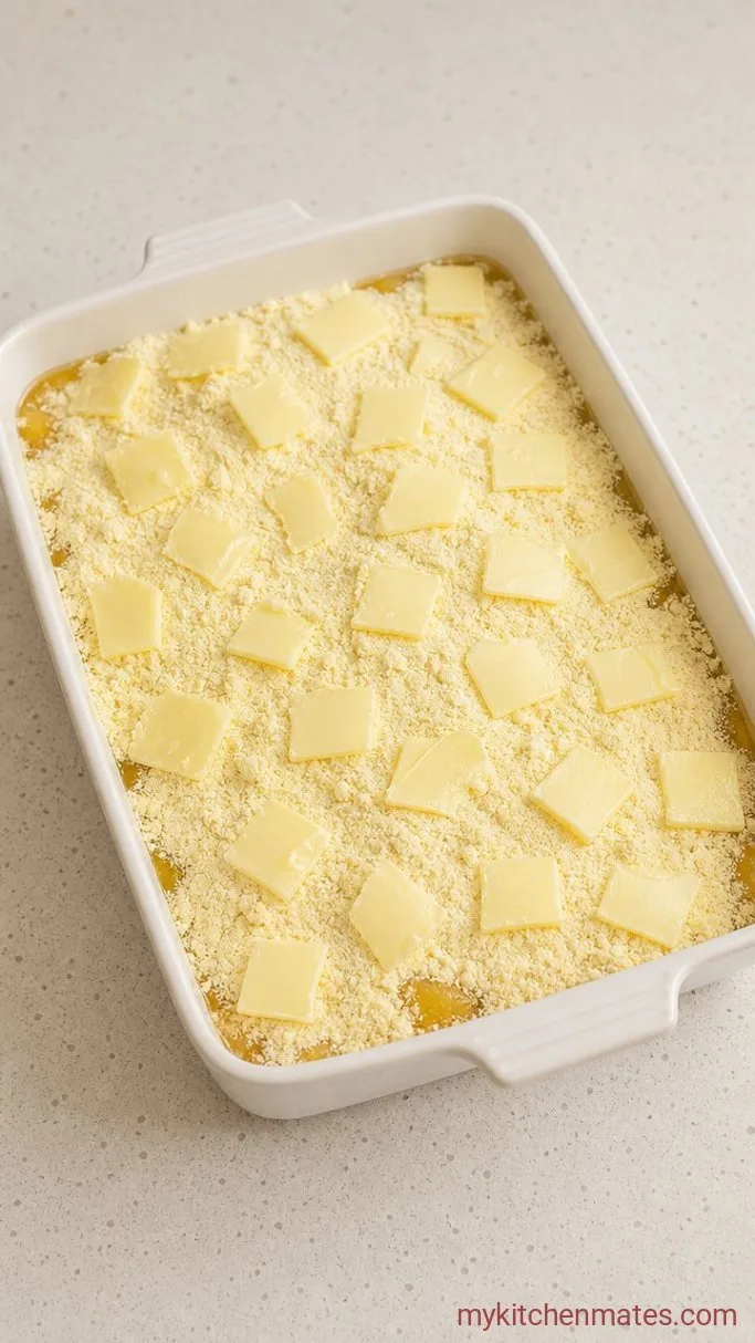 Step 2: Sprinkle with Cake Mix and Dot with Butter
