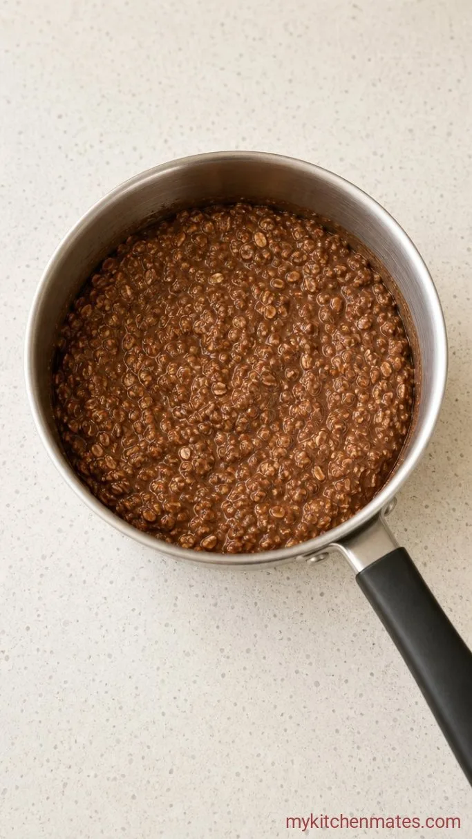 Quick No Bake Chocolate Oatmeal Cookies Step 2: Stir in the Peanut Butter and Oats
