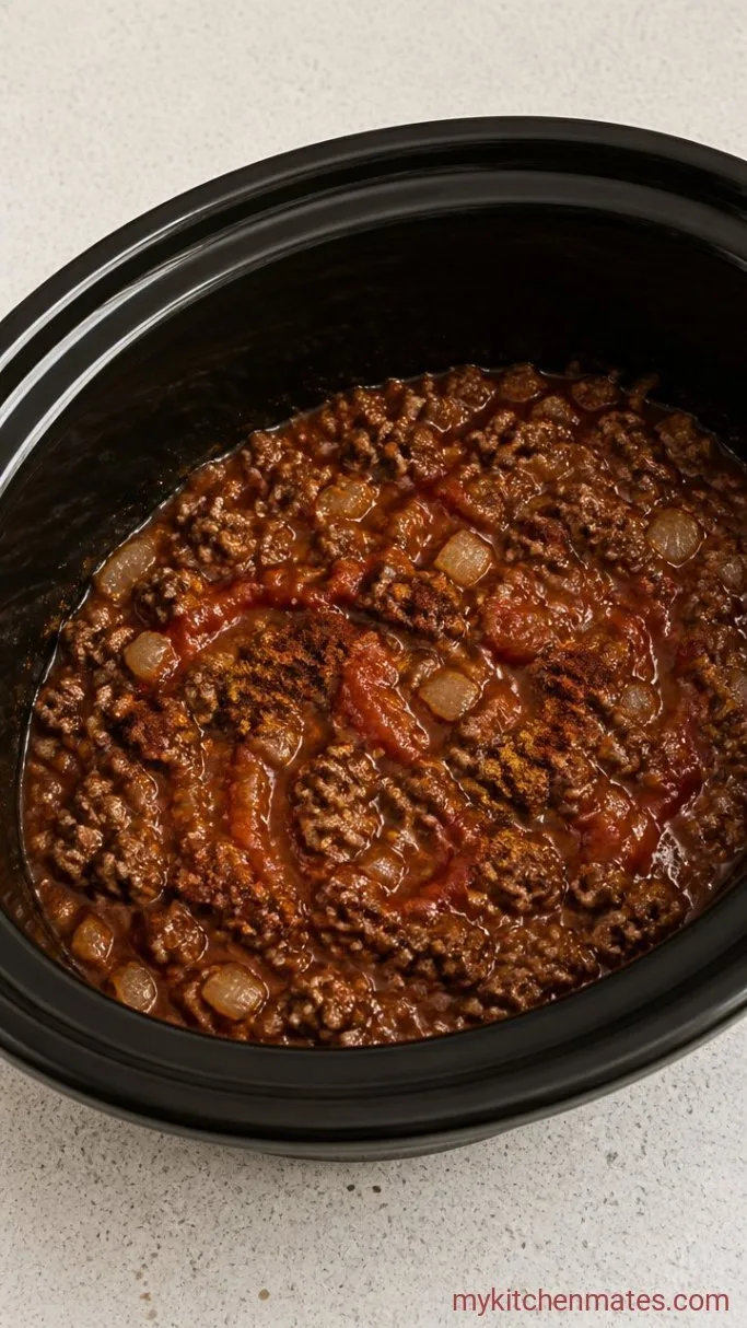 Crockpot Hot Dog Chili (Thick, Meaty, and So Simple) Step 2: Stir in the Sauce and Spices