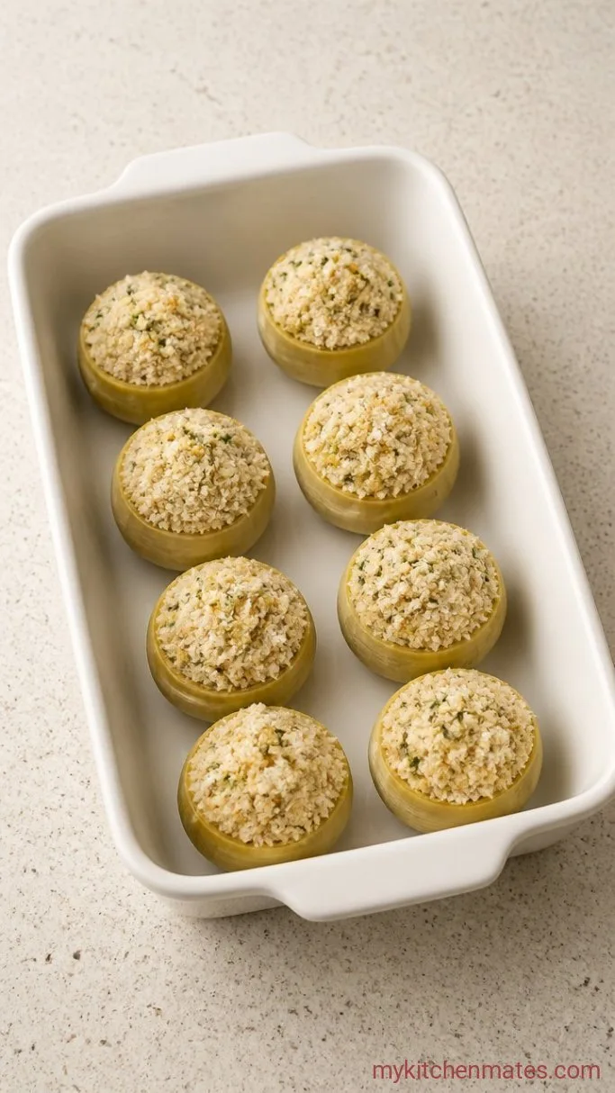 Crispy Cheesy Stuffed Artichoke Bottoms Step 2: Stuff the Artichoke Bottoms