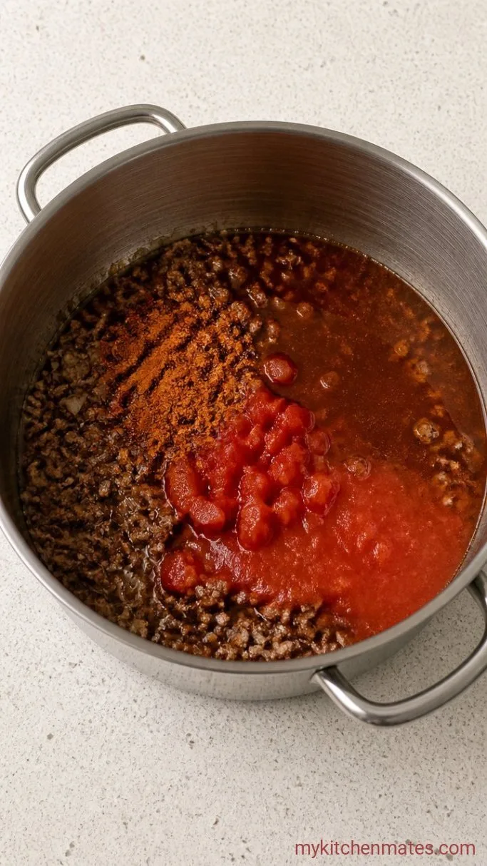 30-Minute One Pot Taco Spaghetti Step 2: Toast the Spices and Add Liquids