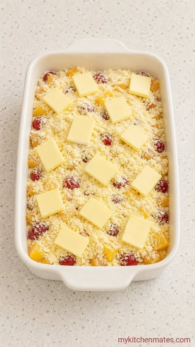 4-Ingredient Cherry Pineapple Dump Cake Step 2: Top with Cake Mix and Butter