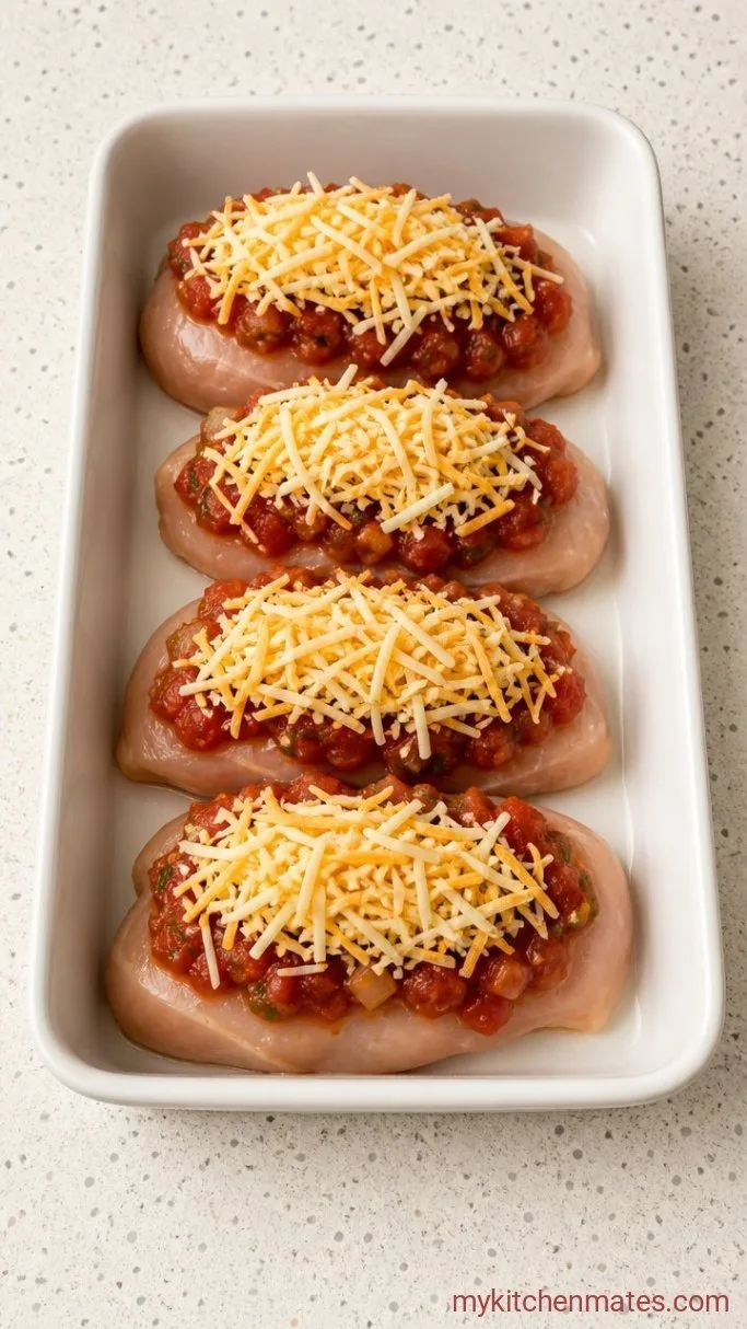3-Ingredient Baked Salsa Chicken Step 2: Top with Salsa and Cheese