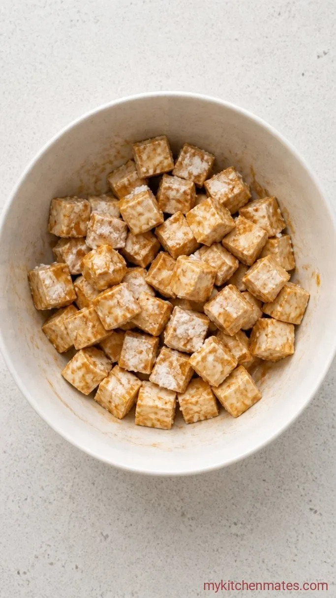 Crispy Air Fryer Tofu in 20 Minutes Step 2: Toss the Tofu with Soy and Cornstarch