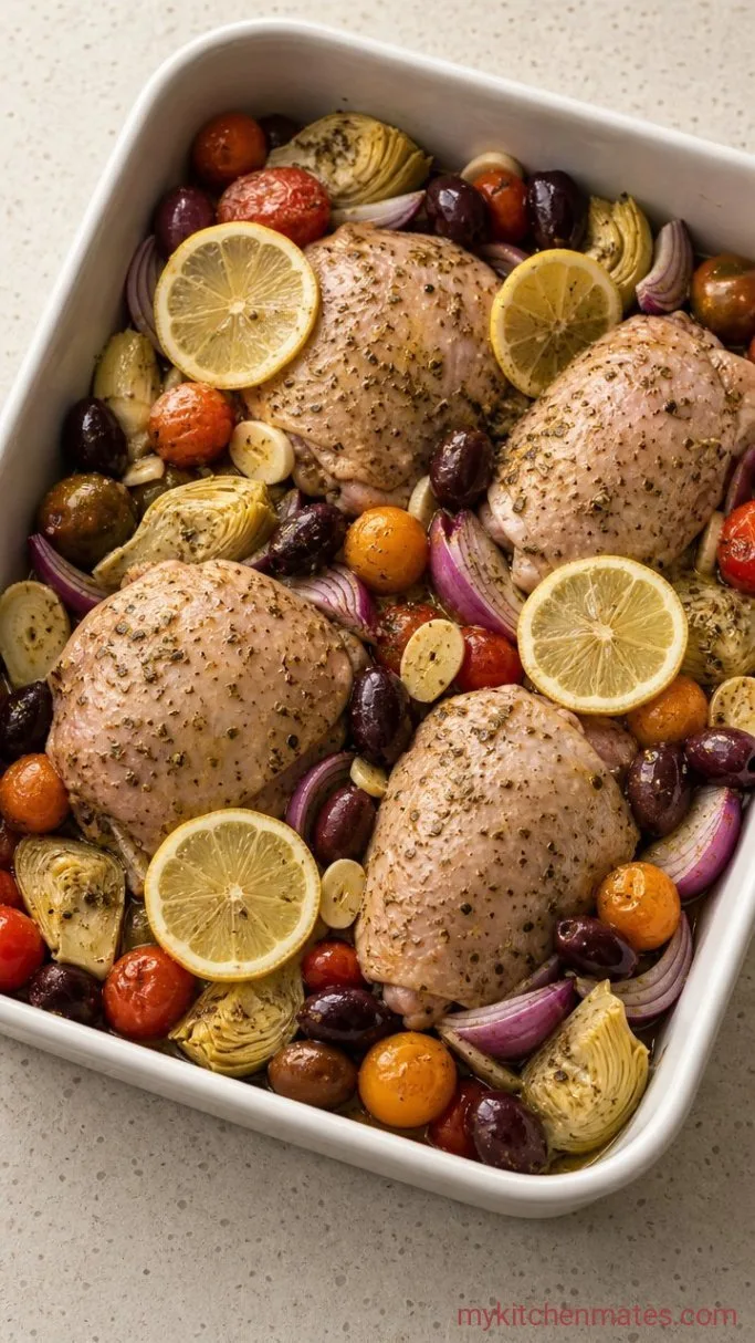 Sheet Pan Mediterranean Chicken Bake with Feta and Olives Step 2: Toss the Veggies