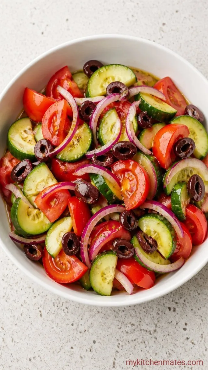 15-Minute Greek Cucumber Tomato Salad Step 2: Tumble the Vegetables Together