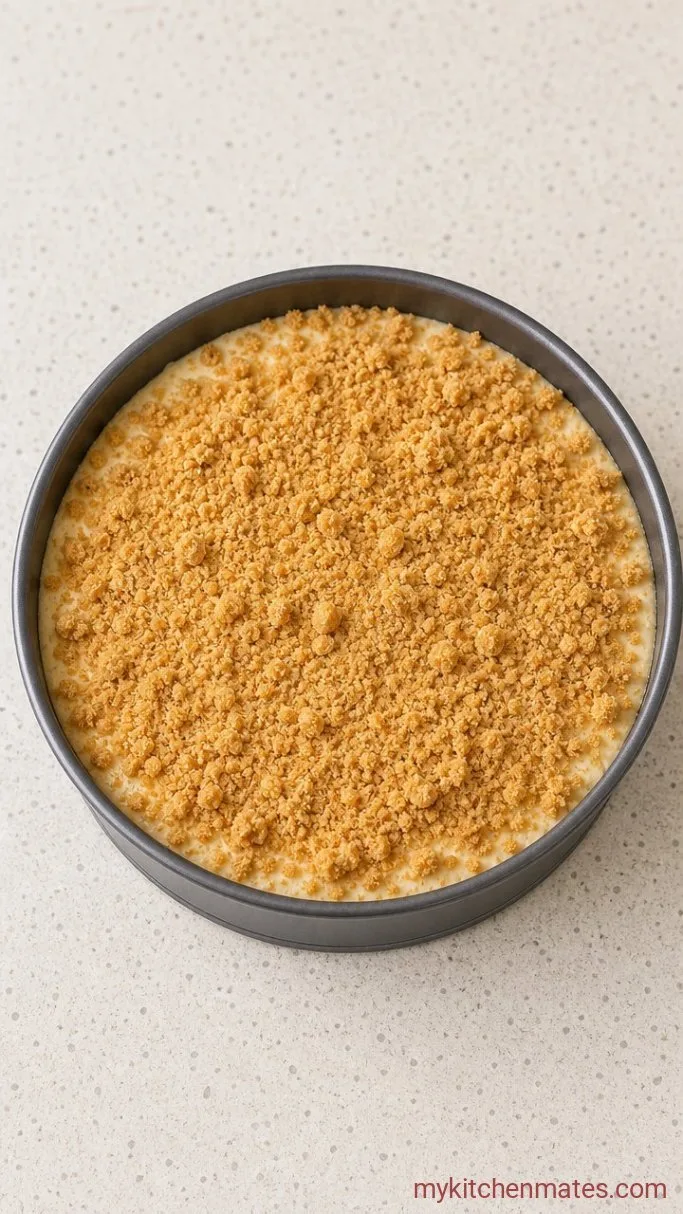 One-Pan Pineapple Upside Down Cheesecake Step 3: Add the Filling and Crumb Topping