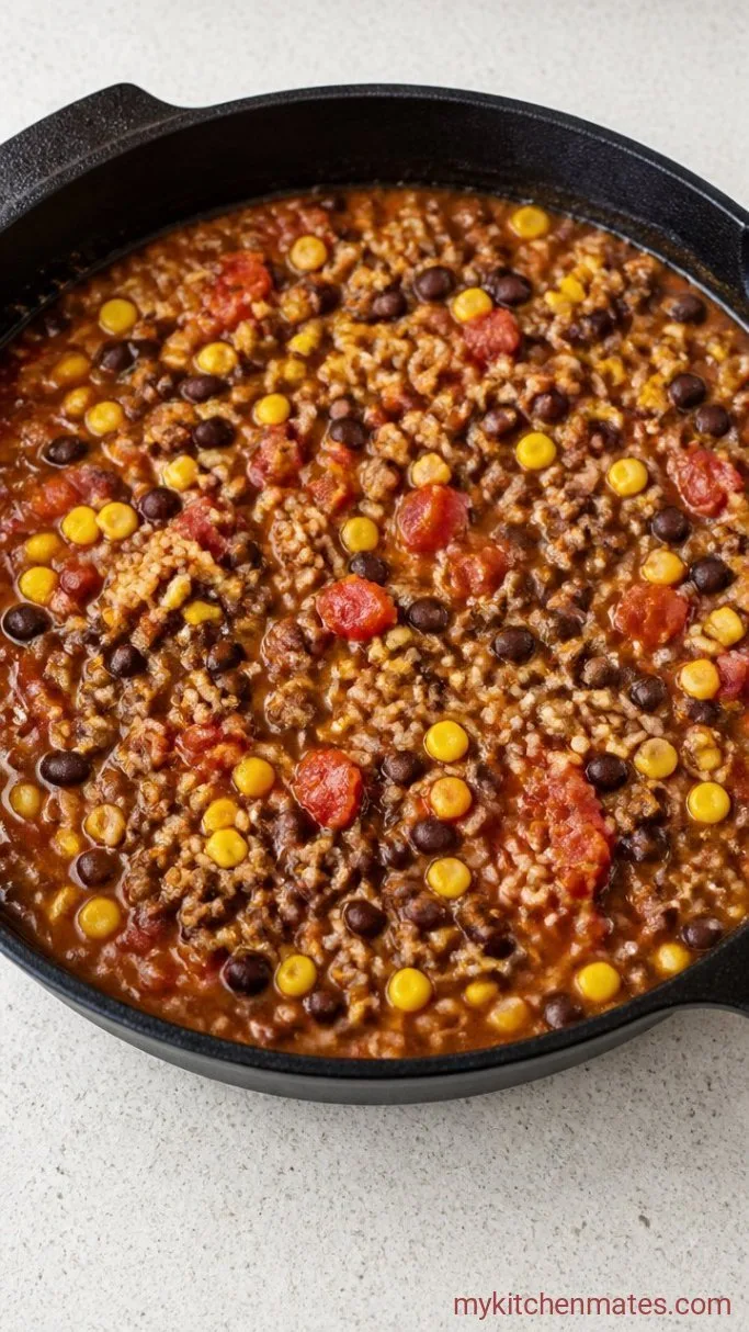 One-Pan Cheesy Taco Rice Bake Step 3: Add the Salsa and Broth