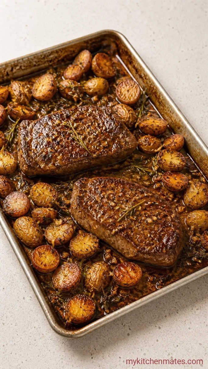 Easy Sheet Pan Steak and Potatoes with Garlic Butter Step 3: Add the Steak and Finish Roasting