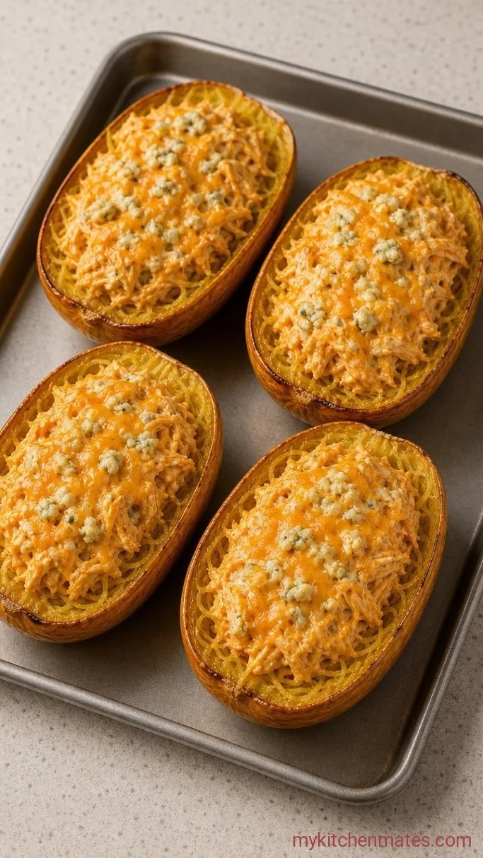 Buffalo Chicken Spaghetti Squash Boats Step 3: Assemble the Boats