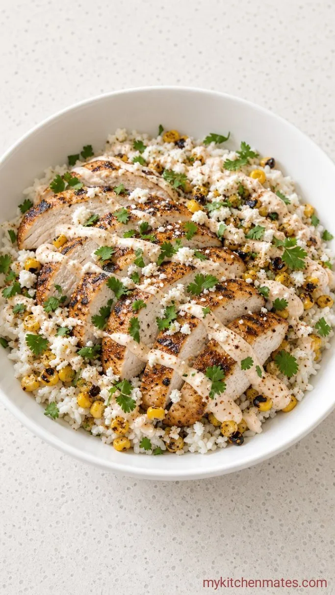 30-Minute Street Corn Chicken Rice Bowl Step 3: Assemble the Bowls