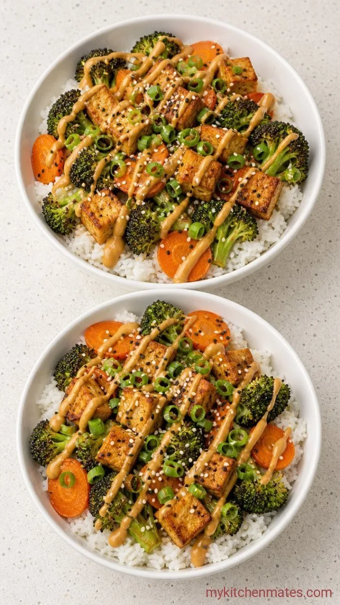 Sheet Pan Vegan Rice Bowl with Creamy Peanut Sauce Step 3: Assemble the Bowls