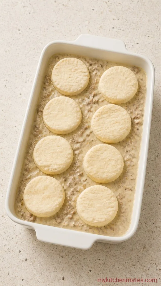Easy Sausage Gravy Casserole with Flaky Biscuits Step 3: Assemble the Casserole
