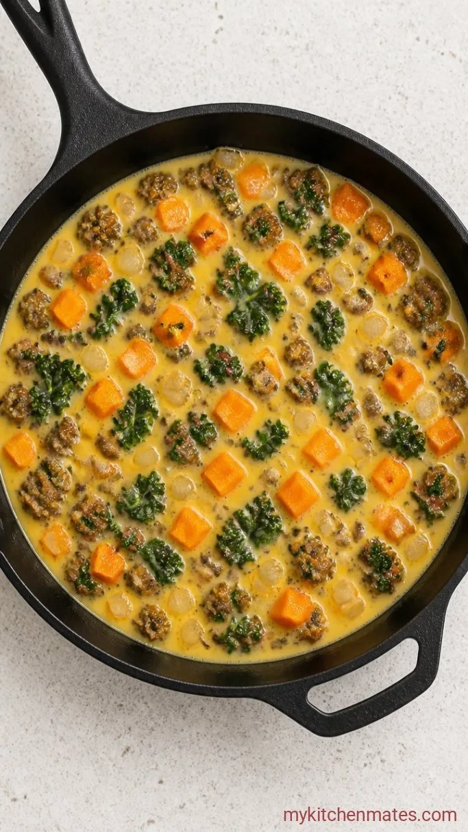 Make-Ahead Paleo Breakfast Casserole with Sausage and Sweet Potatoes Step 3: Assemble the Casserole