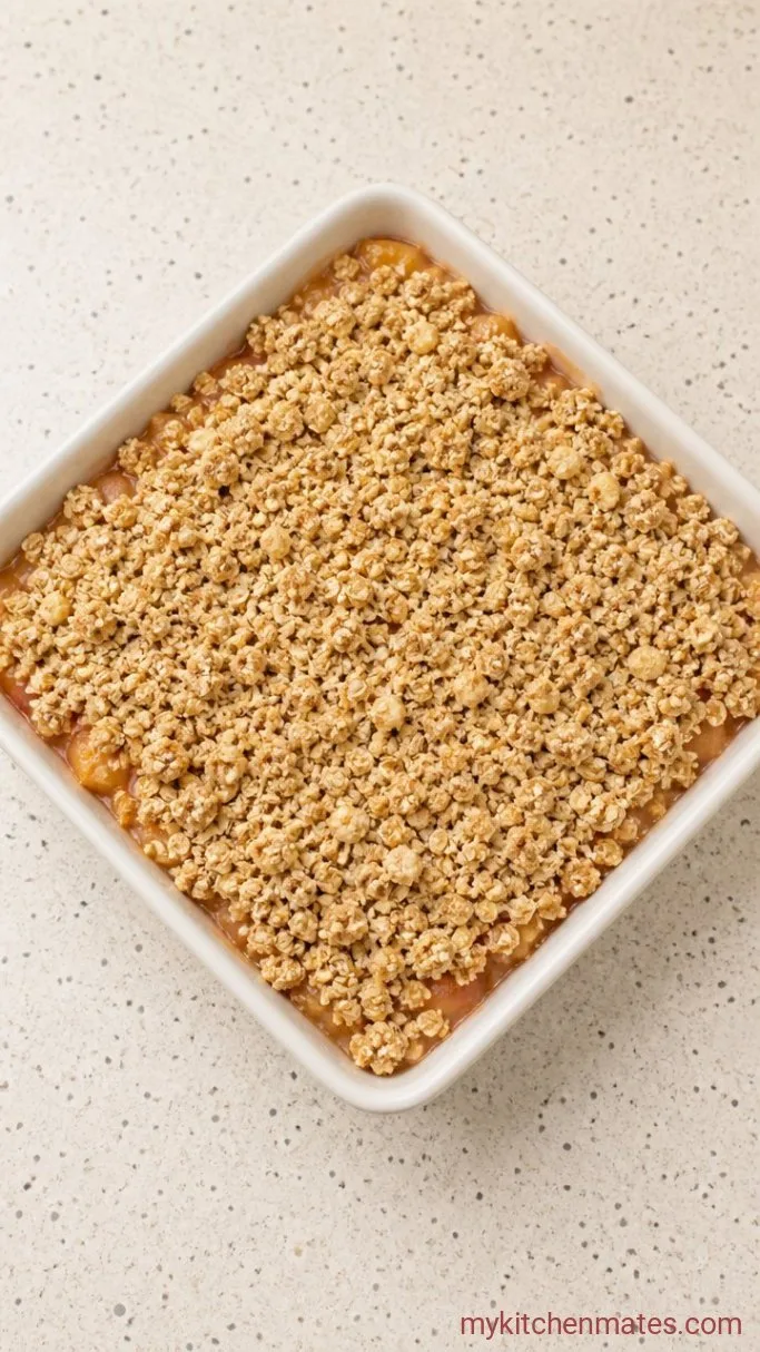 Simple Gluten Free Peach Crisp with Oats and Almond Flour Step 3: Assemble the Crisp