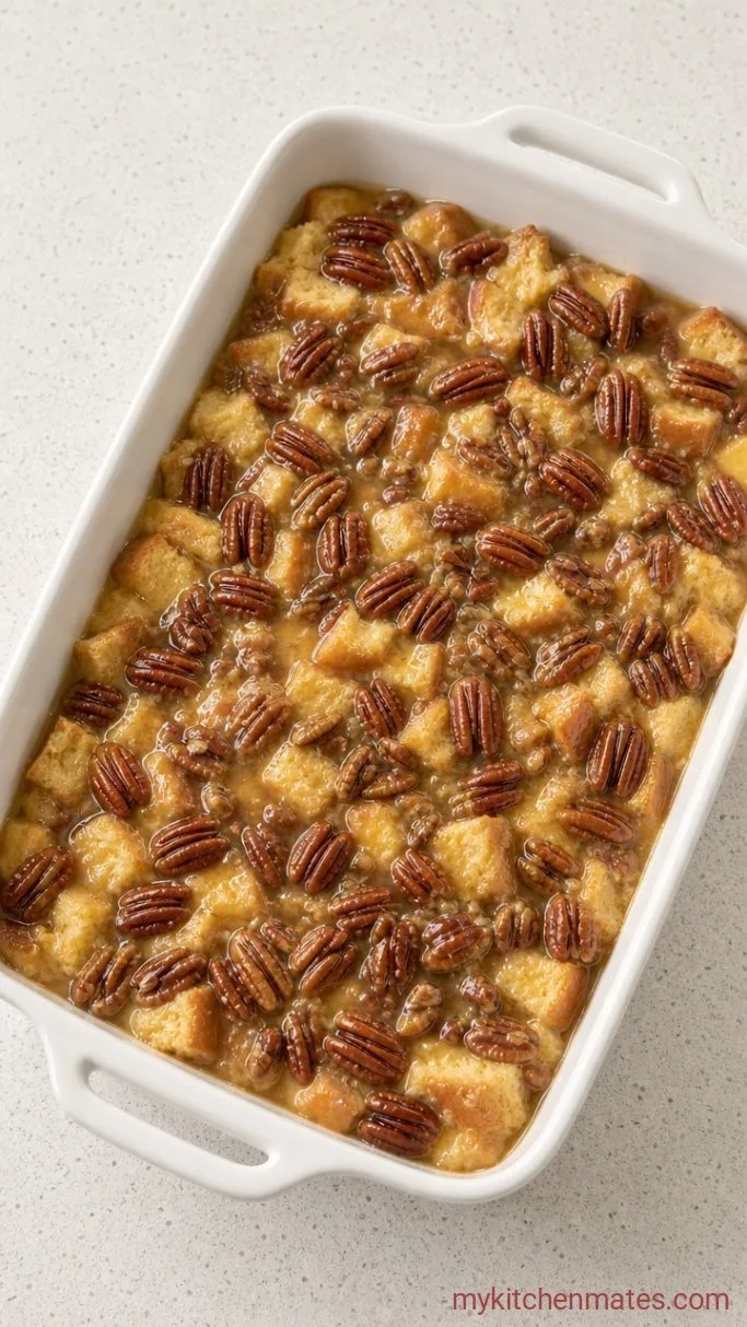 Gooey Pecan Pie Bread Pudding Step 3: Assemble the Dish