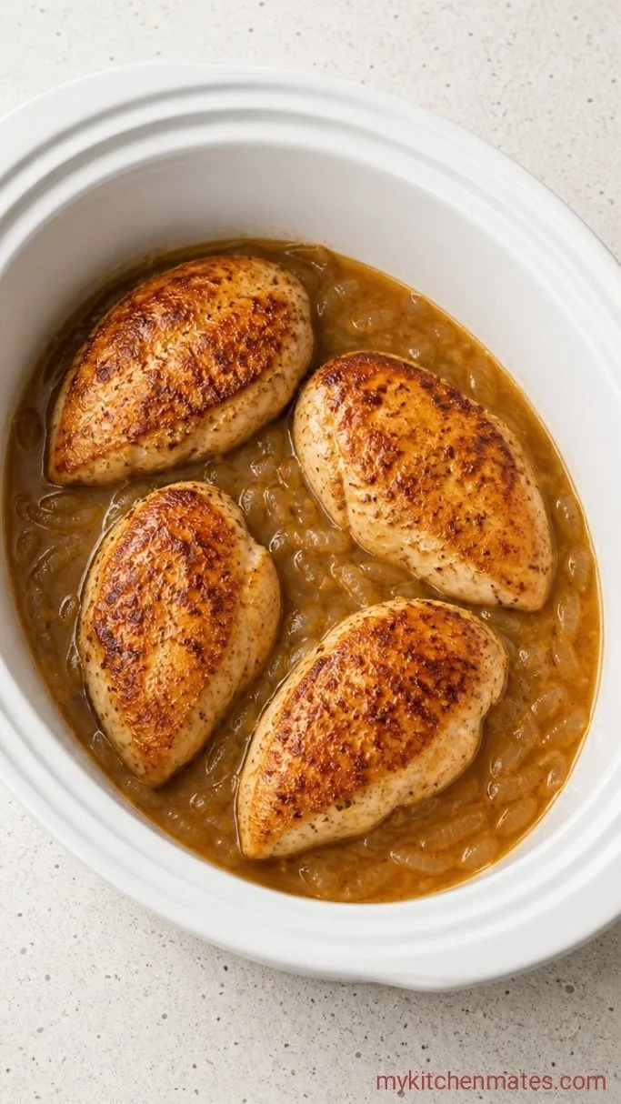 Creamy Crockpot French Onion Chicken Step 3: Assemble the Slow Cooker