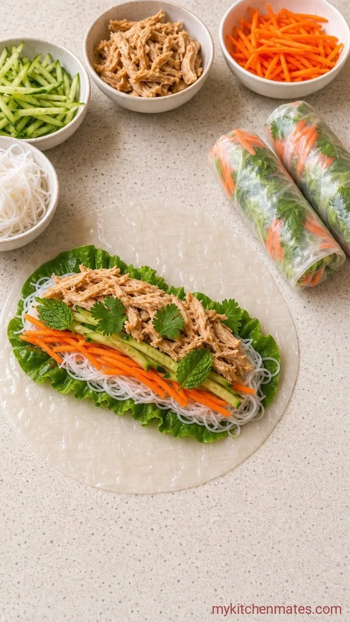 Quick Chicken Spring Rolls with Peanut Dipping Sauce Step 3: Assemble the Spring Rolls