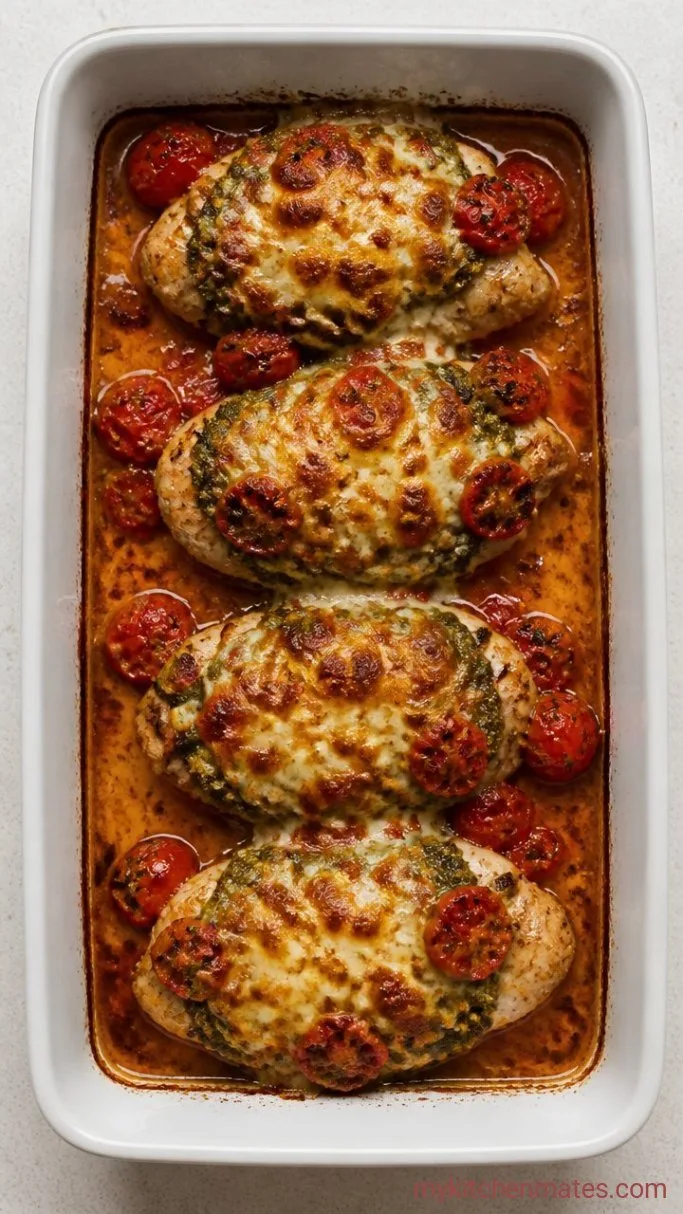 One-Dish Pesto Chicken Bake with Mozzarella and Tomatoes Step 3: Bake Until Bubbly and Golden