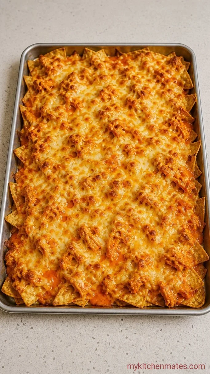 Crispy Buffalo Chicken Nachos (Sheet Pan Recipe) Step 3: Bake Until Bubbly