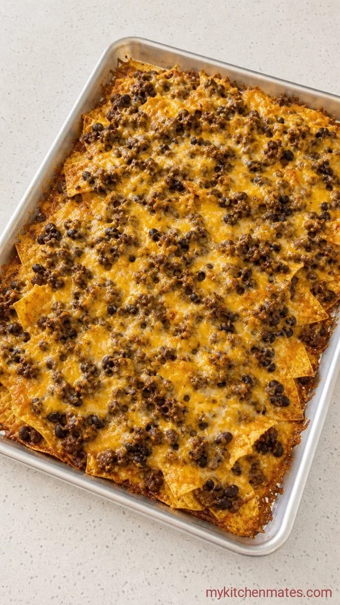 Quick and Loaded Sheet Pan Nachos with Ground Beef Step 3: Bake Until Bubbly