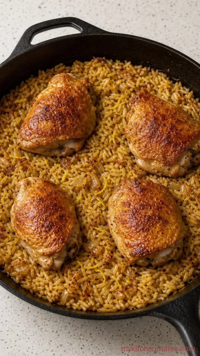 One-Pan Lemon-Herb Chicken Thighs and Rice Step 3: Bake Until Tender