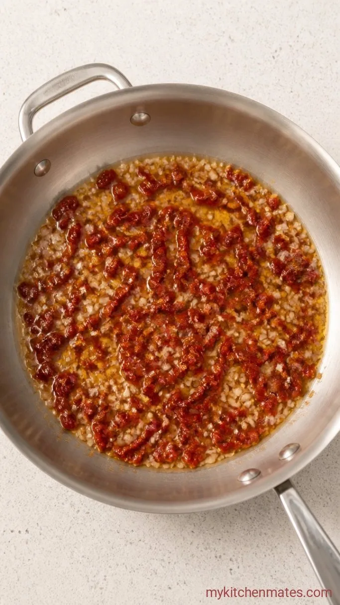25-Minute Creamy Tuscan Ravioli Step 3: Bloom the Sun-Dried Tomatoes