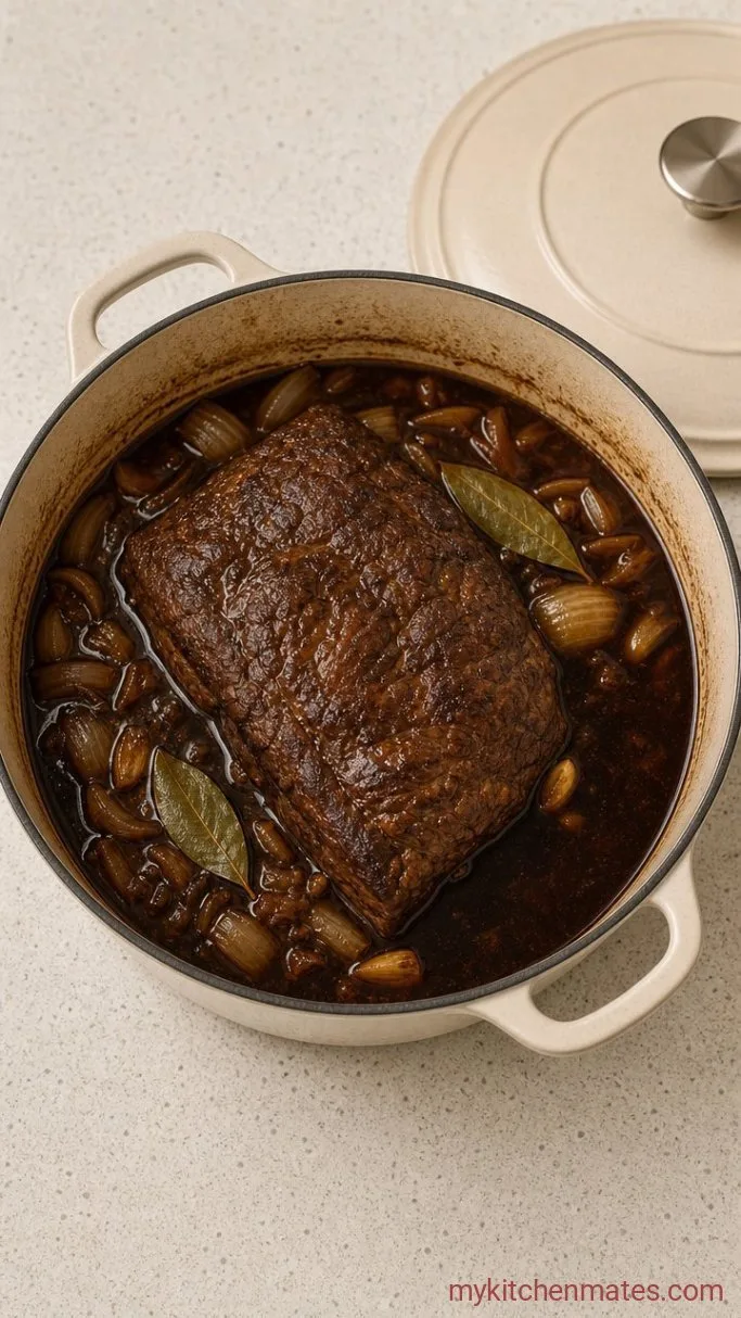Slow-Cooked Italian Beef Sandwiches with Tangy Giardiniera Step 3: Braise the Beef