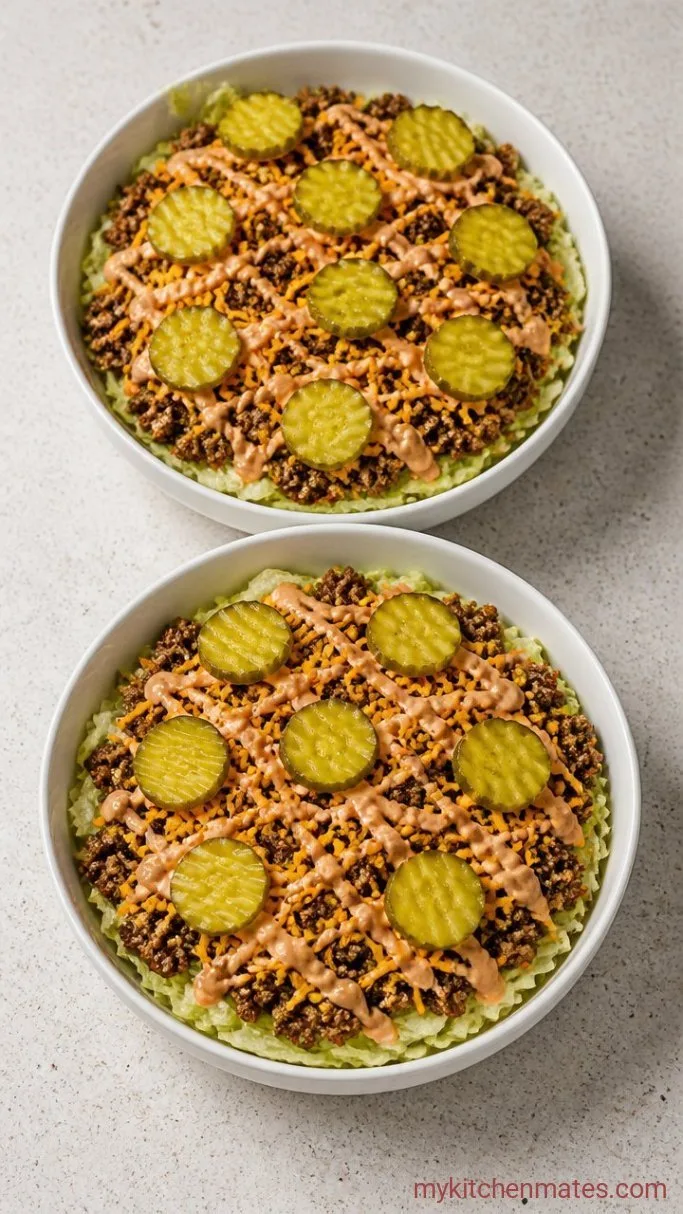 15-Minute Low Carb Big Mac Bowl Step 3: Build the Bowls