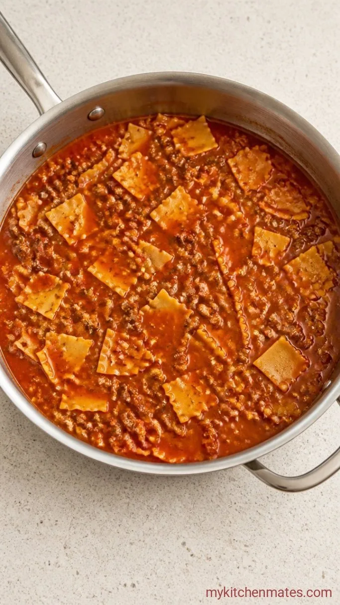 30-Minute One Pot Lasagna Skillet Step 3: Build the Sauce and Add the Pasta