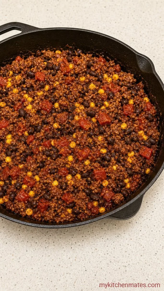 30-Minute Ground Beef Skillet with Black Beans and Corn Step 3: Build the Skillet