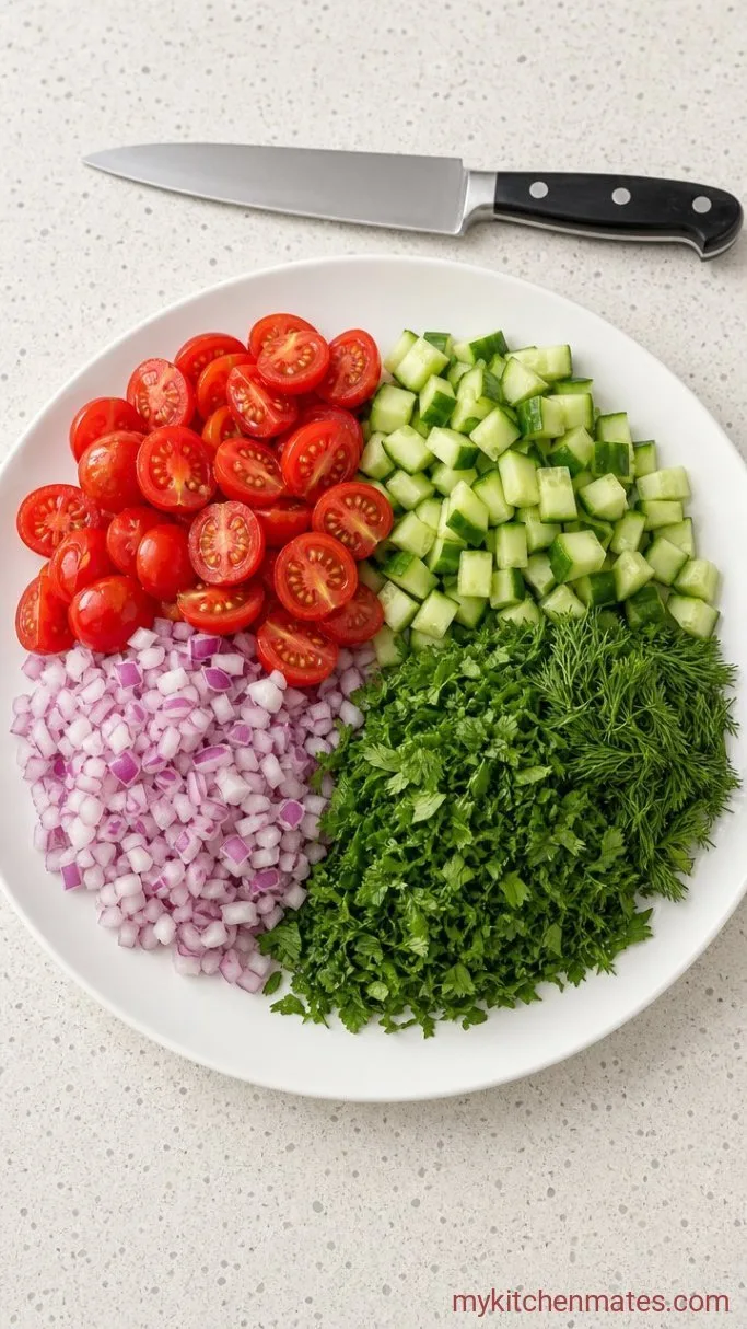 Quick 20-Minute Lemon Orzo Pasta Salad Step 3: Chop the Vegetables