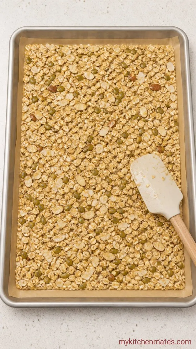Honey Granola Recipe Step 3: Coat and Press the Granola