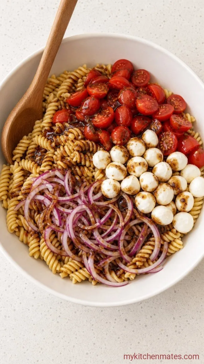 Balsamic Pasta Salad with Mozzarella and Cherry Tomatoes Step 3: Combine the Salad