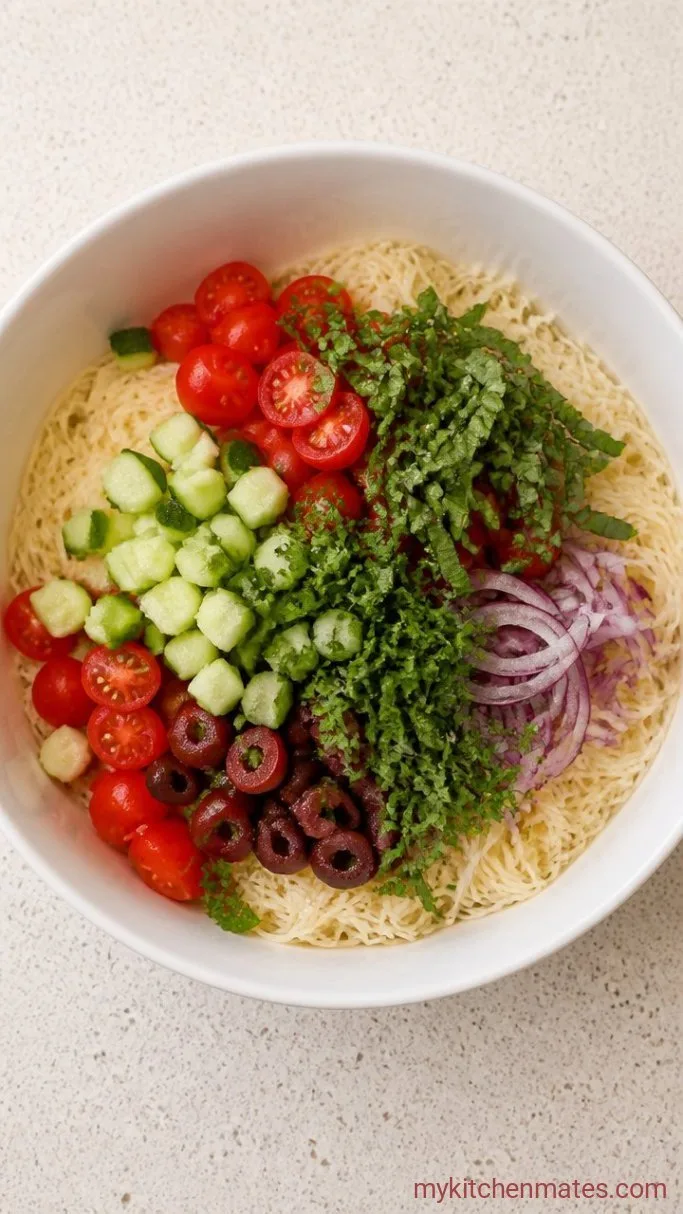 Quick Angel Hair Pasta Salad with Lemon Vinaigrette Step 3: Combine the Vegetables and Herbs