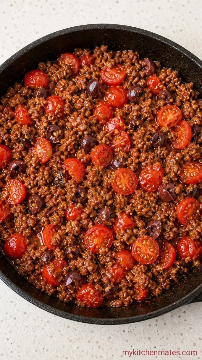 One-Pan Mediterranean Ground Beef Stir Fry Step 3: Cook the Vegetables