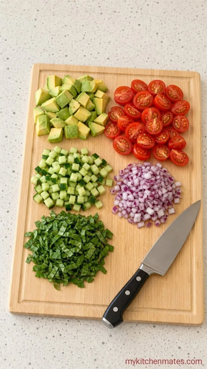 Creamy Quinoa Avocado Salad with Lemon Basil Dressing Step 3: Dice the Avocado and Veggies