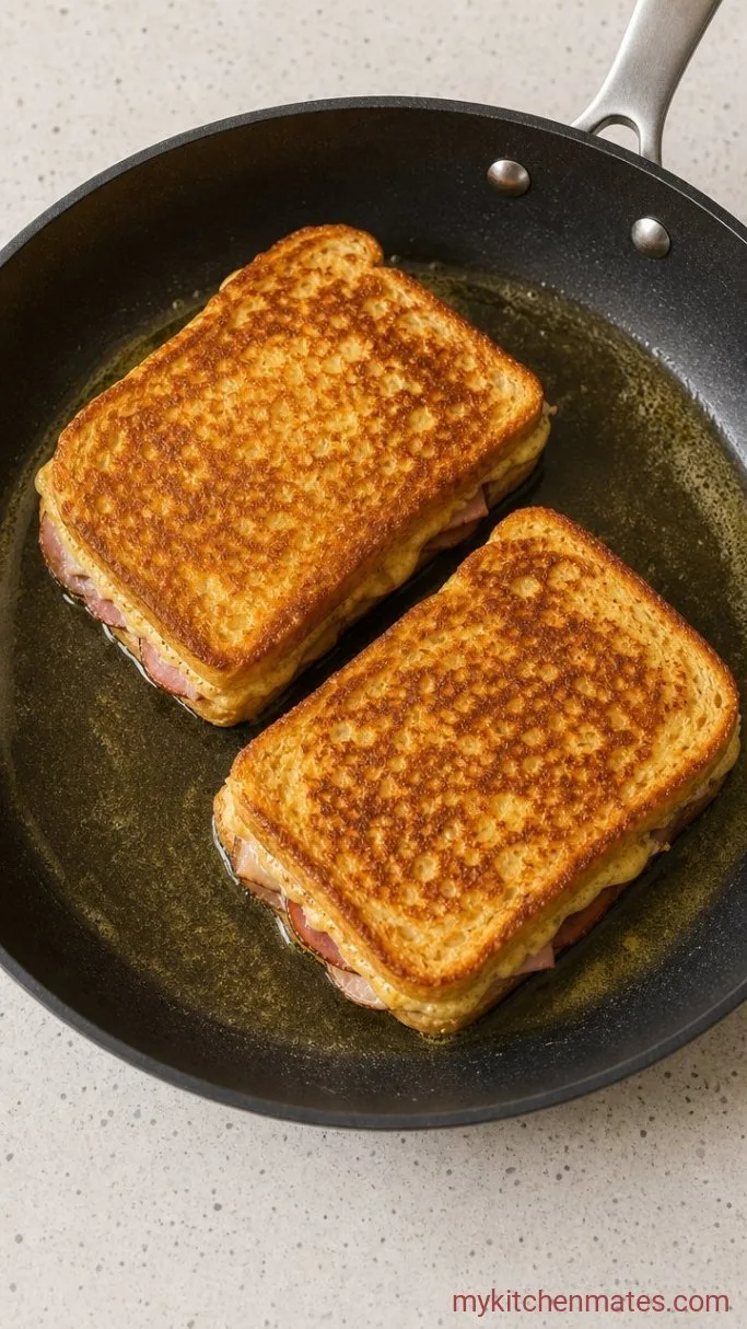 Crispy Monte Cristo Sandwich with Raspberry Jam Step 3: Dip and Sear the Sandwiches