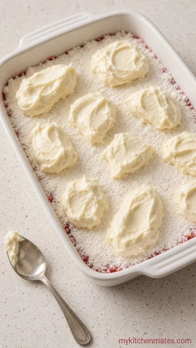 Easy Strawberry Earthquake Cake Step 3: Dollop Over the Cake Mix